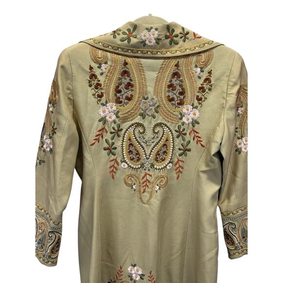 Biya Johnny Was 100% Silk Embroidered Western Boho Duster Coat Beige XS - Picture 9 of 16